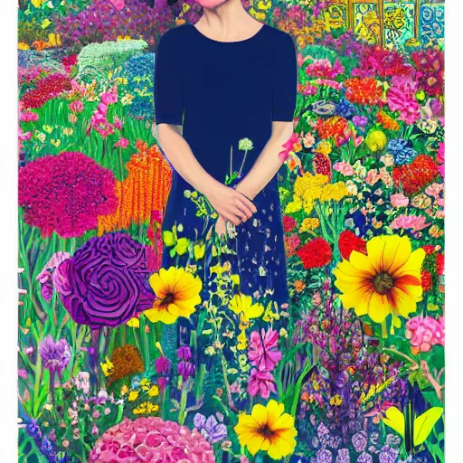 Image similar to a woman standing in a garden of flowers, a jigsaw puzzle by christen dalsgaard, featured on behance, maximalism, rich color palette, maximalist, vivid color