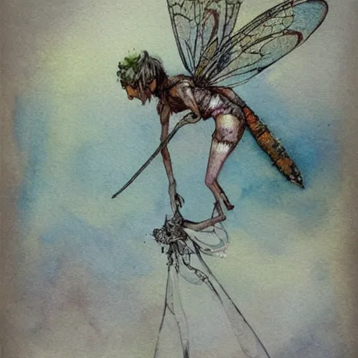 Prompt: a fairy riding a dragonfly, muted color, watercolor ink illustration, painterly, splatters, detailed, by jean - baptiste monge, by alan lee