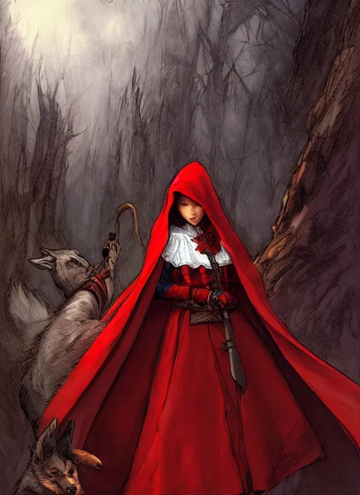 Prompt: digital _ picture _ little red riding hood and the wolf _ red cloak _ wonderful eyes _ philippe _ poles _ and _ justin _ gerard _ symmetrical _ fantasy _ very _ detailed _ realistic _ complex _ clear focus