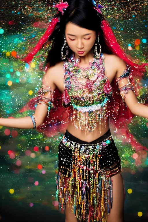 Image similar to digital render of a beautiful asian woman fully covered in clothes made out of jewels while dancing in the middle of a river, background is a black forest out of focus, art by Alberto Mielgo, low light, moonlight, highly detailed, 8k