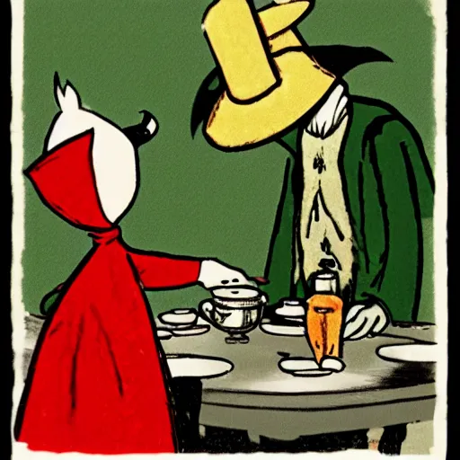 Image similar to count orlok having tea with snufkin and the moomins