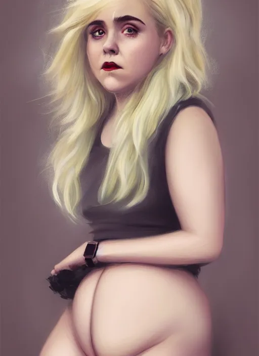 Image similar to full body portrait, kiernan shipka as sabrina spellman, white hair, obese, bangs, sultry, realistic, sultry smirk, fluffy bangs, curly bangs, fat, belly, intricate, elegant, highly detailed, digital painting, artstation, concept art, smooth, sharp focus, illustration, art by wlop, mars ravelo and greg rutkowski