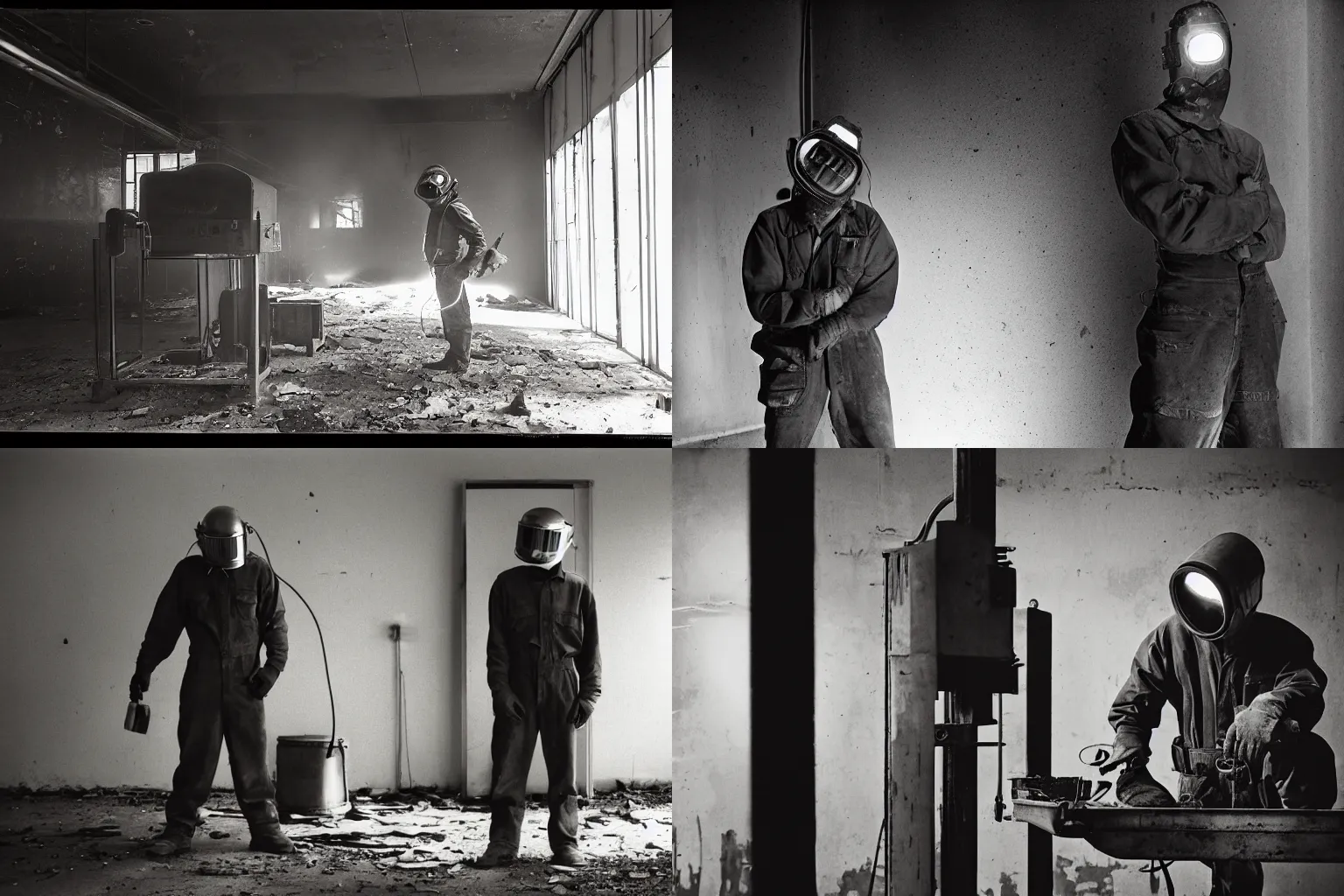 Prompt: welder in welding mask in abandoned office building, ominous lighting, by richard avedon, tri - x pan stock