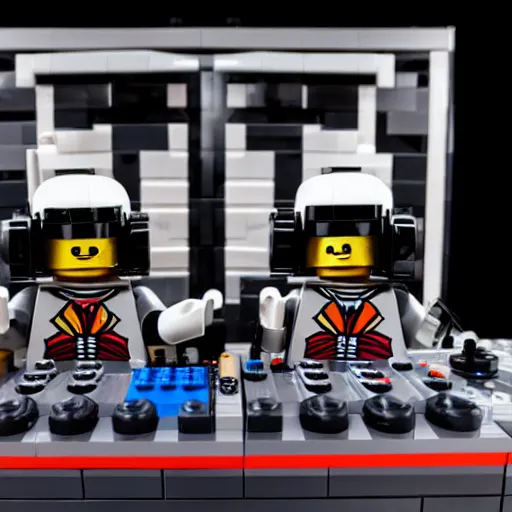 Image similar to Lego Daft Punk DJing with realistic DJ turntables