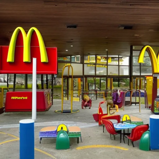 Image similar to photograph of a mcdonalds playplace inside a pacific northwest forest