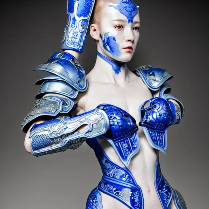Prompt: porcelain cyborg armor, Chinese Blue and white porcelain 24th century, diffuse lighting, fantasy, intricate, elegant, highly detailed, lifelike, photorealistic, digital painting, artstation, illustration, concept art, smooth, sharp focus, art by John Collier and Albert Aublet and Krenz Cushart and Artem Demura and Alphonse Mucha
