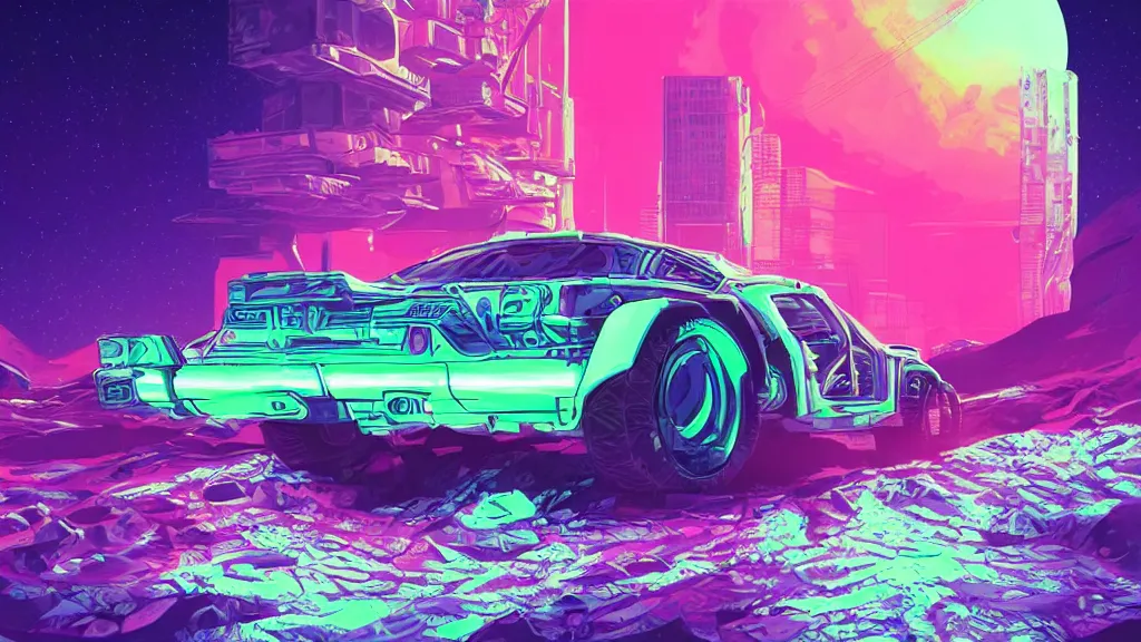 Image similar to an retrowave cyberpunk car on the moon, pastel, colorful, bright, cartoony, digital art