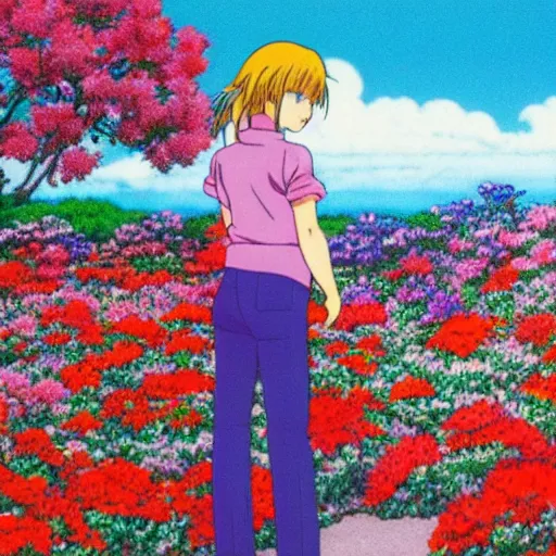 Prompt: girl staring out a window at a sea of flowers, 80s style anime