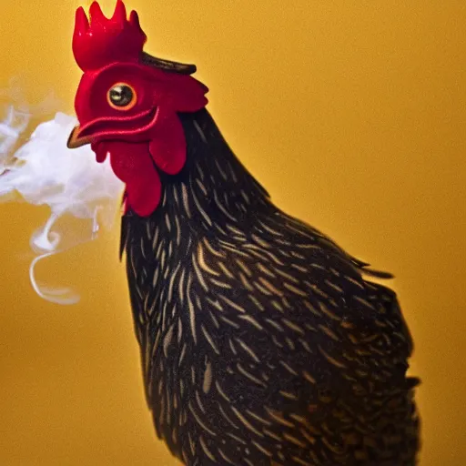 Image similar to a chicken smoking a cigarette in an Aberdeen pub 35mm 4k photoshoot moody dark dingy highly detailed accurate and photorealistic