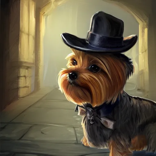 Prompt: detective yorkshire terrier wearing a fedora, in a dark alley, by D&D Concept Artists