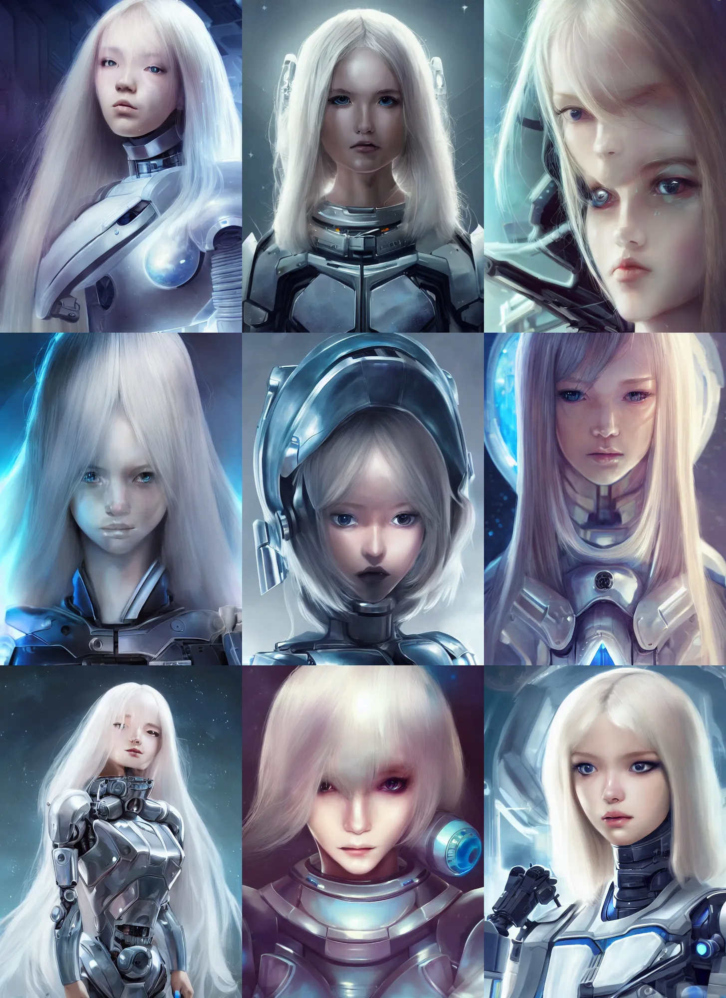 Prompt: perfect android girl, cyborg armor, beautiful face, scifi, futuristic, space station, laboratory, kwak ji young, dreamy, long white hair, blue eyes, cinematic lighting, innocent, highly detailed, very cute, focused, artstation, divine, by gauthier leblanc, kazuya takahashi, huifeng huang, jama jurabaev