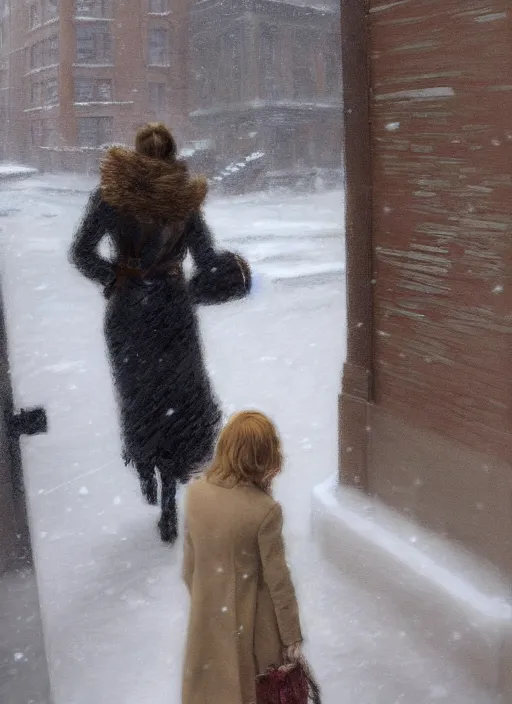 Prompt: back of emma stone in beige coat, walking into new york apartment building in winter, opening door, building entrance, snow, zoomed out, artwork by gaston bussiere, craig mullins, trending on artstation