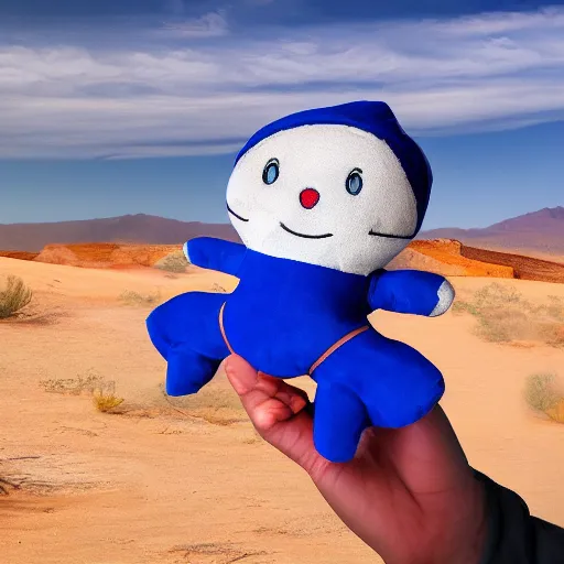 Image similar to blue'snappy gifts'human - sized plush doll, in the desert, holding gift, happy atmosphere, high detail, 8 k