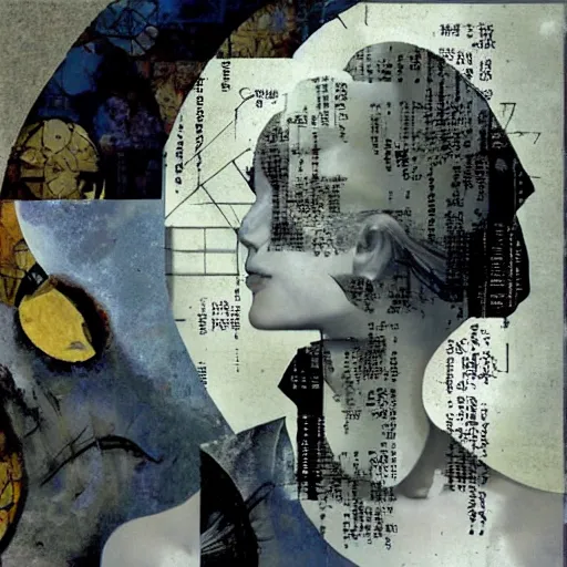 Image similar to a naive woman with a memory that survives the reset of the world, and a small robot bird on her shoulder, collage artwork by dave mckean and yoshitaka amano