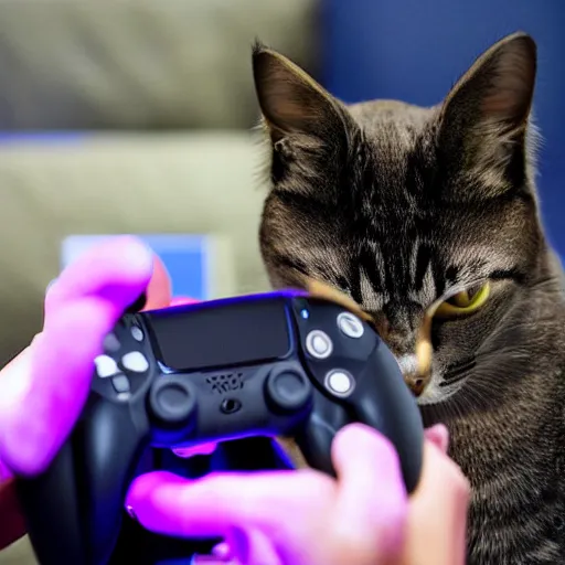 Prompt: Cat playing fortnite on a ps5. Photograph 35mm