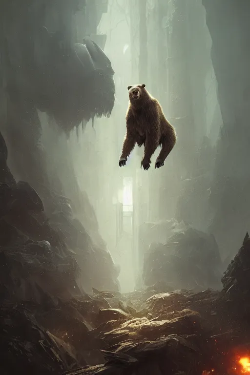 Image similar to a portrait of a cyborg Bear by Greg Rutkowski, Sung Choi, Mitchell Mohrhauser, Maciej Kuciara, Johnson Ting, Maxim Verehin, Peter Konig, final fantasy , mythical, 8k photorealistic, cinematic lighting, HD, high details, atmospheric,