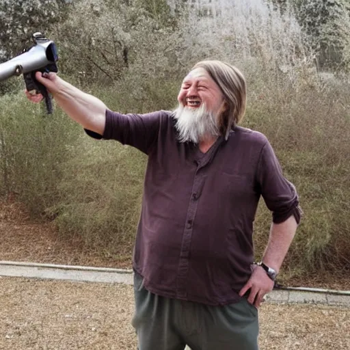 Image similar to robert wyatt laughing maniacally and pointing a gun directly at the camera