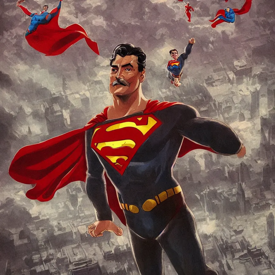 Prompt: epic visual development art of stalin as superman flying over moscow, waving at the camera, socialist realism, soviet nostalgia, sovietwave, ultrarealistic, hyperdetailed, intricate digital art, trending artstation, rich moody colors, fan art, concept art, in the style of the red son, by robert kirkman