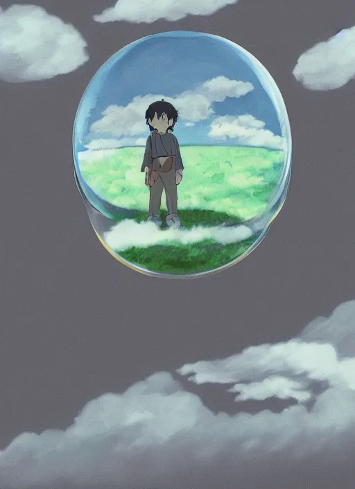 Prompt: an asymmetrical cell - shaded studio ghibli concept art study of a dark cube inside a transparent bubble in the sky. wide shot, very dull colors, hd, 4 k, hq