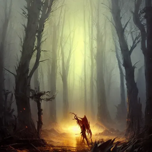 Image similar to ''cinematic shot'' hooded dark demon mage reinccarnating skeletons with golden armor and spears in the dead forest full of monster atmosferic dark foggy made by ivan aivazovsky, peter mohrbacher, greg rutkowski volumetric light effect broad light oil painting painting fantasy art style sci - fi art style realism premium prints available artwork unreal engine
