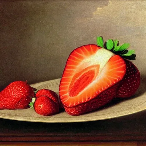 Prompt: giant strawberry in still life. dutch masters, 1 8 th century. oil on canvas. impossibly large, juicy, fresh, delicious, mouth - watering