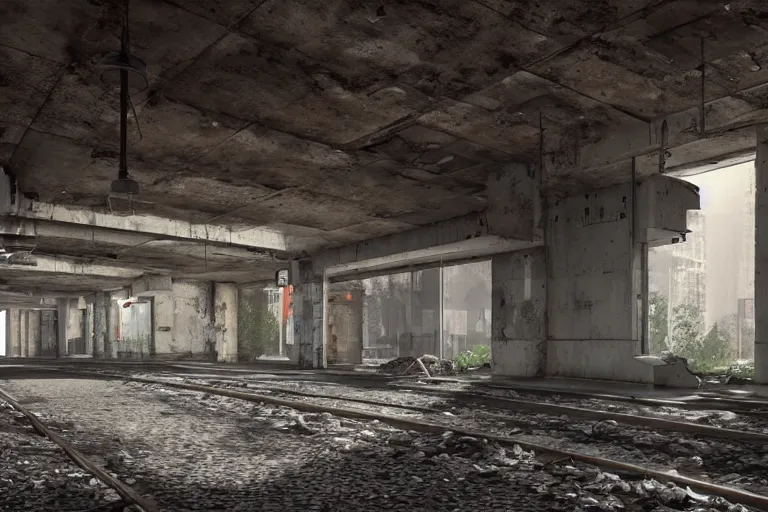 Image similar to ruined, abandoned polish metro station, seen from inside. Diffused light from stairwells. Dirt, leaves on ground. Unreal Engine. Substance painter. Zbrush. Trending on artstation. 8K. Highly detailed.