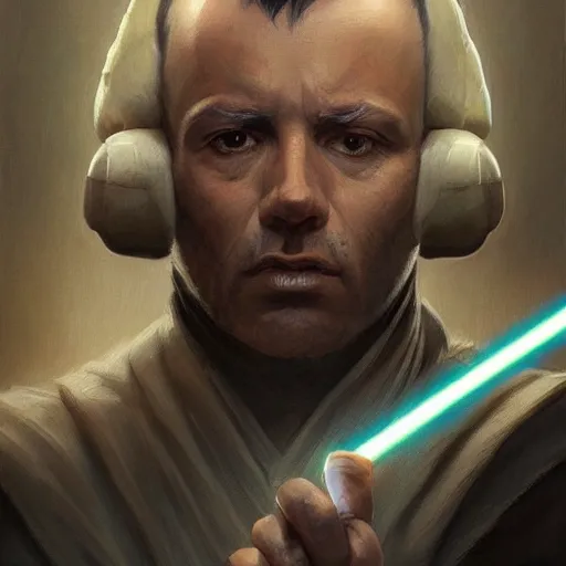 Image similar to portrait of pierre emmanuel saubade by aenaluck, artgerm and roberto ferri and greg rutkowski, jedi knight, he is 4 0 years old, star wars expanded universe, highly detailed portrait, digital painting, artstation, concept art, smooth, sharp foccus ilustration, artstation hq