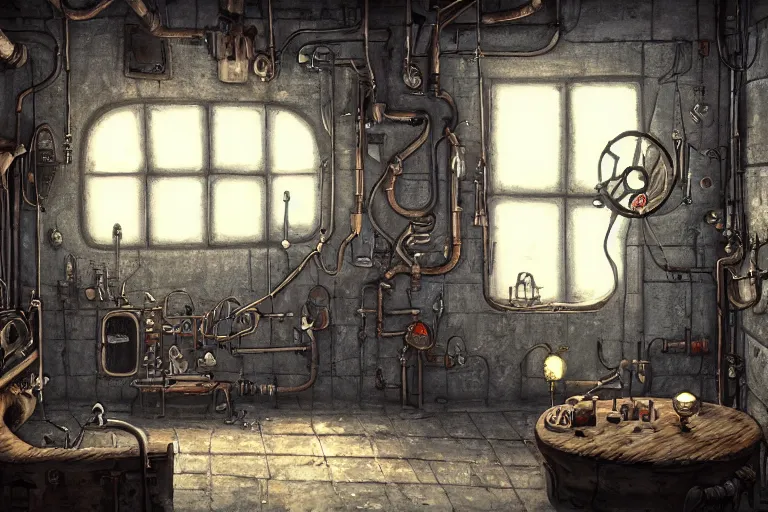 Prompt: A beautiful painting of interior of room with metal pipes in machinarium by yann souetre, Trending on artstation.