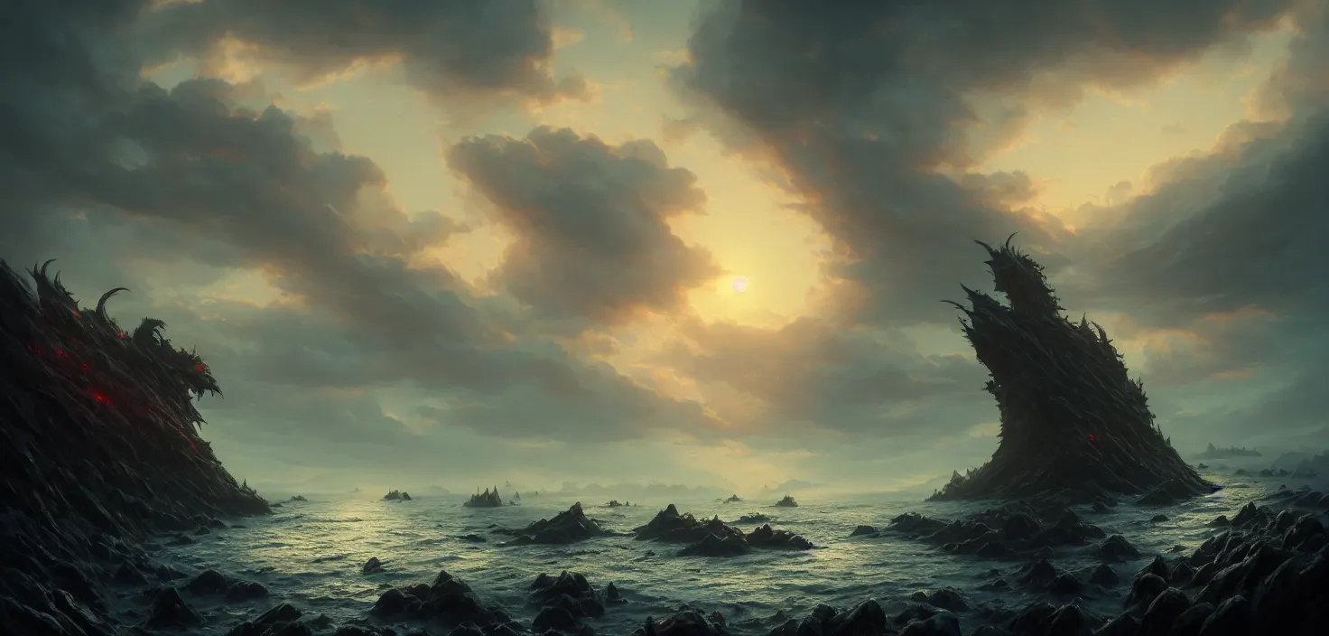 Prompt: seven dragon heads rising from the bloody sea, landscape, cinematic view, epic sky, detailed, concept art, low angle, high detail, warm lighting, volumetric, godrays, vivid, beautiful, trending on artstation, by jordan grimmer, huge scene, grass, art greg rutkowski