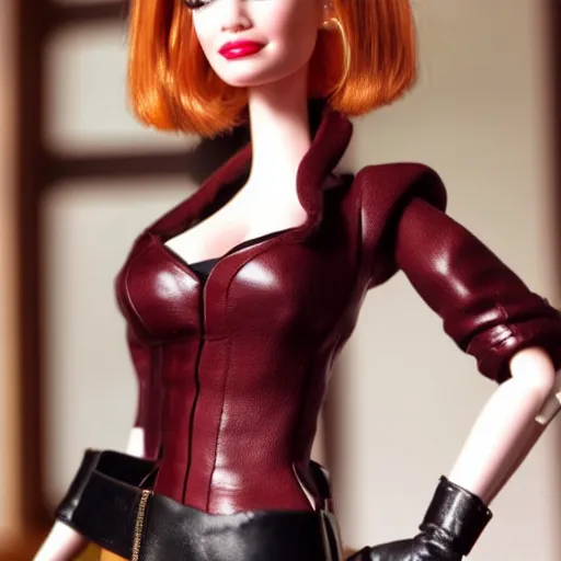 Image similar to amazing beautiful Christina Hendricks barbie doll wearing leather in the living room, film still from the movie directed by Denis Villeneuve , wide lens