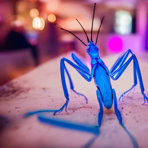 Image similar to cinematic photo of a beautiful albino praying mantis lit with saturated split colour blue and dusty pink lighting serving drinks in a grotto restaurant