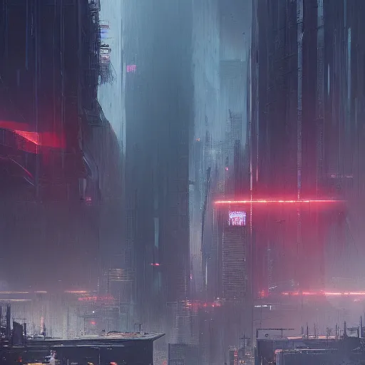 Image similar to Modern apocalyptic cyberpunk city by Greg Rutkowski, asymmetrical, Organic Painting , Matte Painting, dark vibes, nightmare, geometric shapes, hard edges, china town, synth wave, trending on the artstation:2 by Greg Rutkowski:4