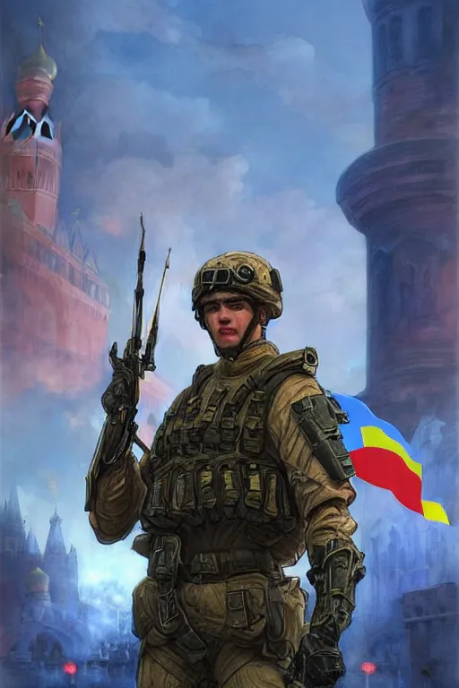 Image similar to special forces soldier raising ukrainian blue and yellow flag on red square kremlin, masculine figure, d & d, fantasy, bright atmosphere, volumetric lights, intricate, elegant, extremely detailed, digital painting, artstation, concept art, matte, smooth, sharp focus, hyper realistic, illustration, art by artgerm and greg rutkowski and alphonse mucha