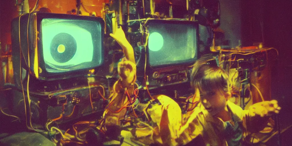 Prompt: a screaming mechanical monster child with a TV monitor head, inside of a 1970s science lab, neon lights, dirty, ektachrome photograph, volumetric lighting, f8 aperture, cinematic Eastman 5384 film