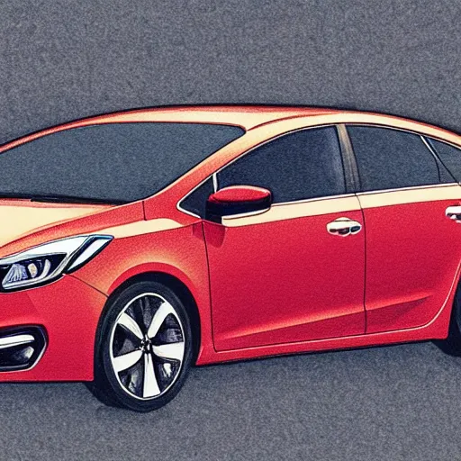 Image similar to leonardo de vincis detailed schematics of a kia forte, drawn