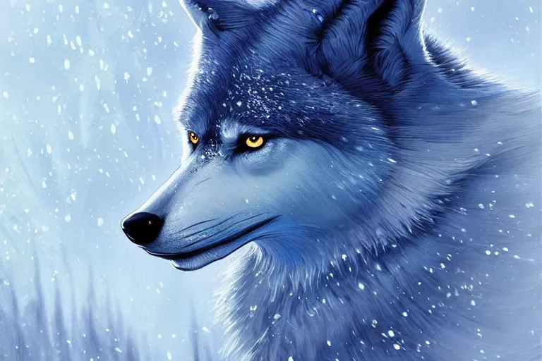 Image similar to blue wolf with wings, facing front, regal, elegant, winter, snow, beautiful, stunning, hd, illustration, epic, d & d, fantasy, intricate, elegant, highly detailed, digital painting, artstation, concept art, smooth, sharp focus, illustration, wallpaper, art by artgerm and greg rutkowski and alphonse mucha and jin xiaodi