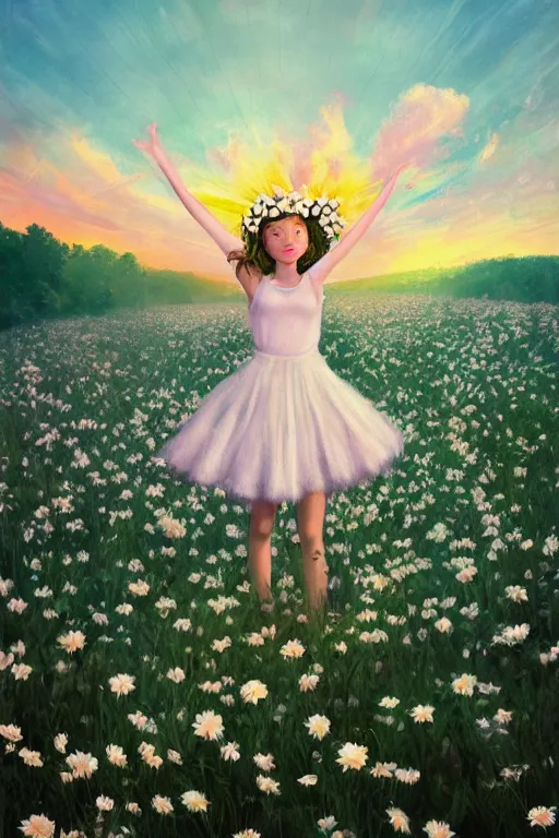 Image similar to giant white daisy flower crown, girl dancing in a flower field, surreal photography, sunrise, dramatic light, impressionist painting, colorful clouds, digital painting, artstation, simon stalenhag