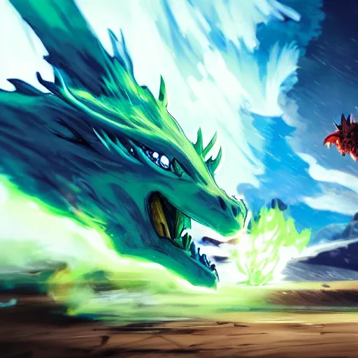 Image similar to dragon spits fire on a blue knight in a green hatchback car, close up, anime, desert landscape, greg rutkowski, Murata, one punch man manga,