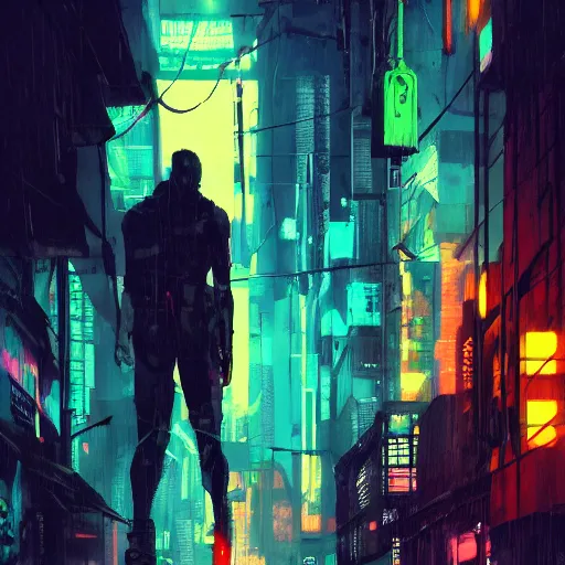 Image similar to a tall, broad-shouldered man standing in a neon lit alleyway, cyberpunk art, dramatic lighting, illustration by Greg rutkowski, yoji shinkawa, 4k, digital art, concept art, trending on artstation