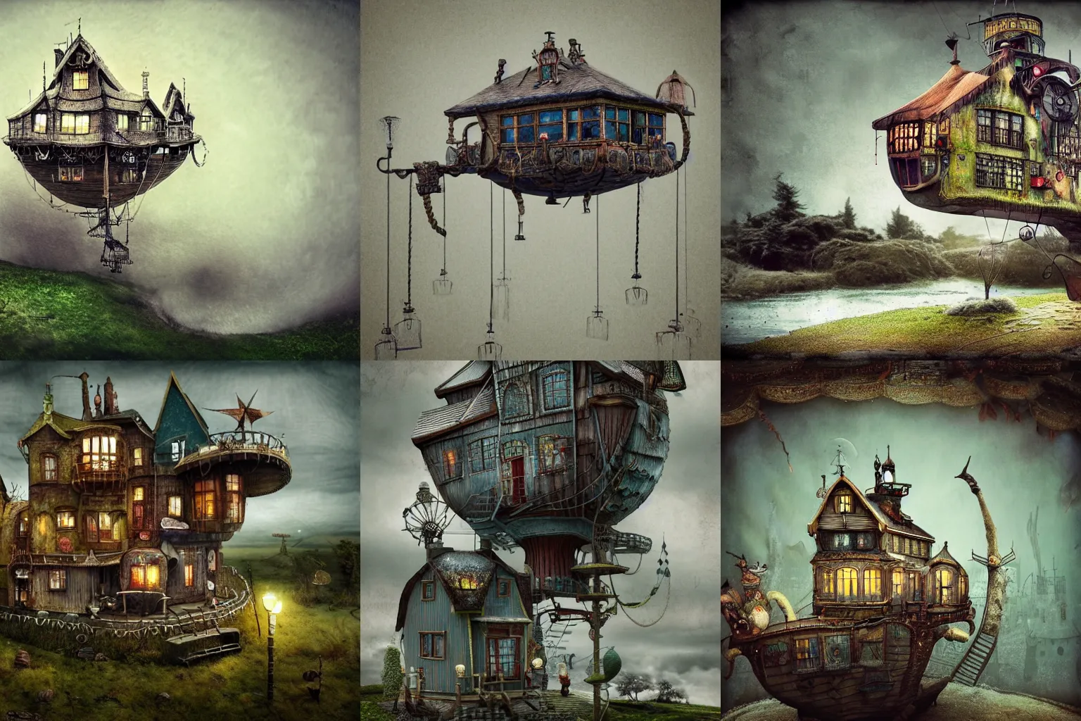 Prompt: Alexander Jansson Style, flying house Modernist, in a race competition, realistic, Many Details, Ultra Detailed, Octane Render, Real Engine 5 Cinematic, Realistic, Intricate Detail, Finely Detailed, Small Details, Extra Detail, Extra Detail, Extra Detail, Extra Detail More details, tiny details, high resolution, 3D, PBR, path tracing, volumetric lighting, octane render, Arnold Render, 8k