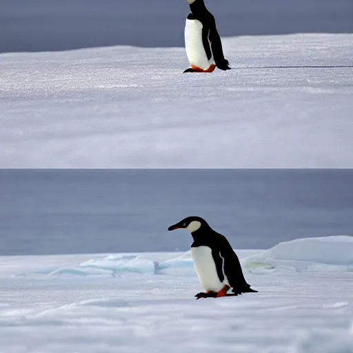 Prompt: 2 penguins roller skating in the arctic, landscape