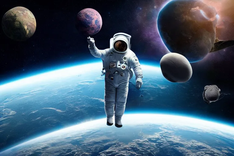 Image similar to still fullbody photo of sad albert einstein in spacesuit in space, flat earth on elephants and turtle at background, highly detailed, photorealistic shot, bright studio setting, studio lighting, crisp quality and light reflections, unreal engine 5 quality render