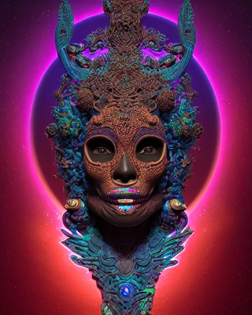 Image similar to 3 d ornate carved dark cosmic goddess with profile portrait, sigma 5 0 0 mm f / 5. beautiful intricate highly detailed quetzalcoatl skull. bioluminescent, plasma, lava, ice, water, wind, creature, thunderstorm! artwork by tooth wu and wlop and beeple and greg rutkowski, 8 k trending on artstation