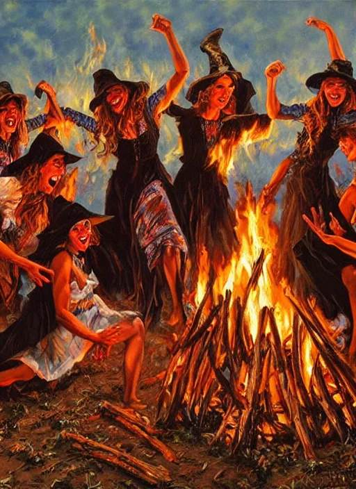 Prompt: witches dancing around a bonfire, pulp art oil painting by mort kunstler, intricate, hyper detailed, 4 k, hd, award winning, photorealistic
