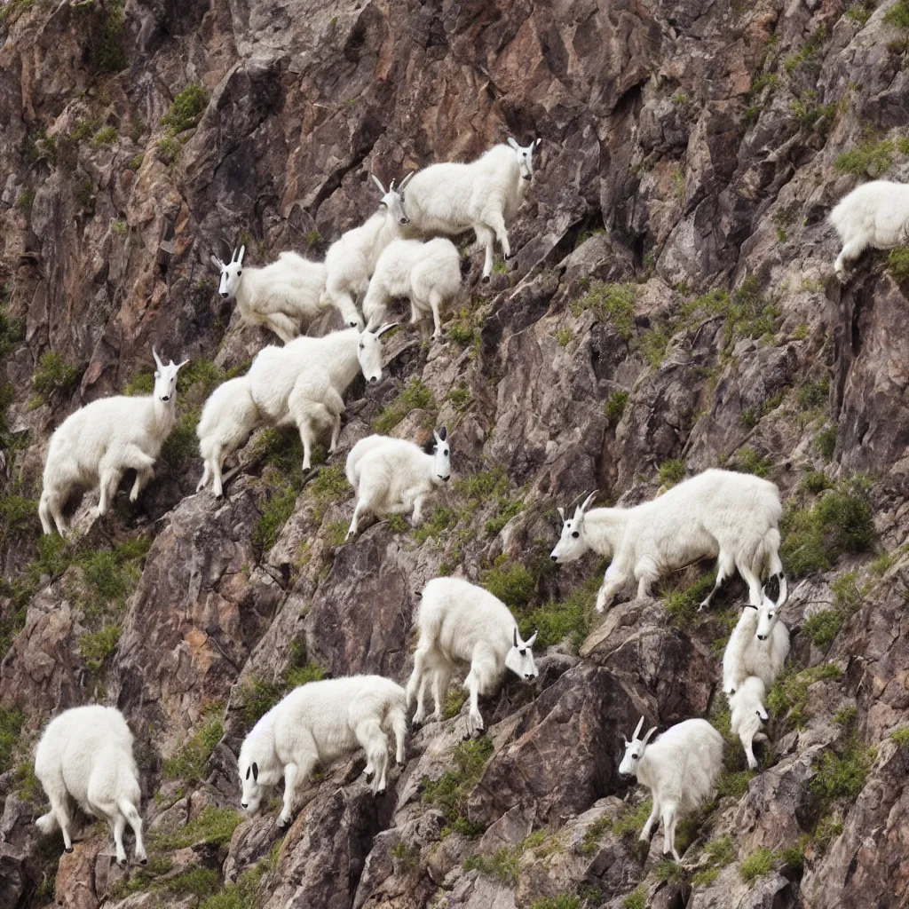 Image similar to mountain goats on a sheer cliffside, expressive, hyperrealism, photorealistic