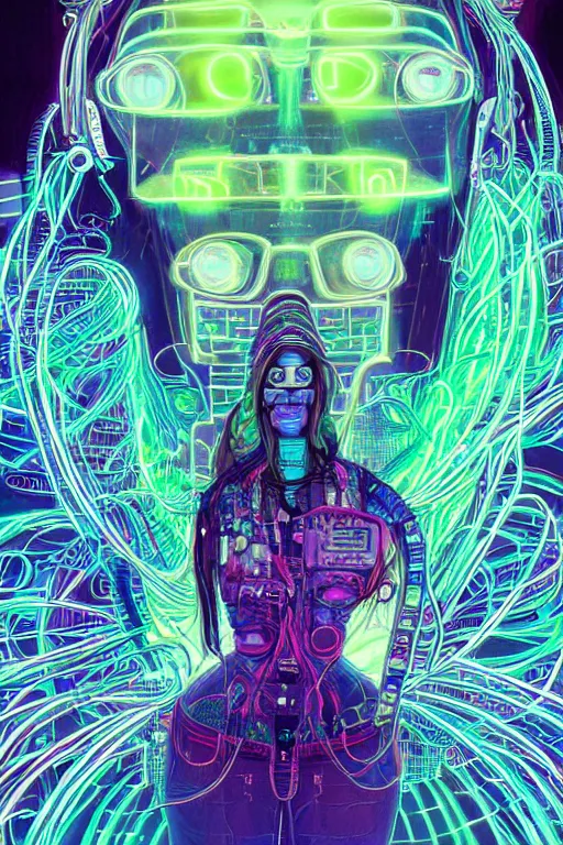 Prompt: stunning highly detailed portrait of a neuromancer Women with long hair with cyber headgear surrounded by wires, neon colors, oil on canvas, strong lighting, by Josan Gonzalez, HD, 4K