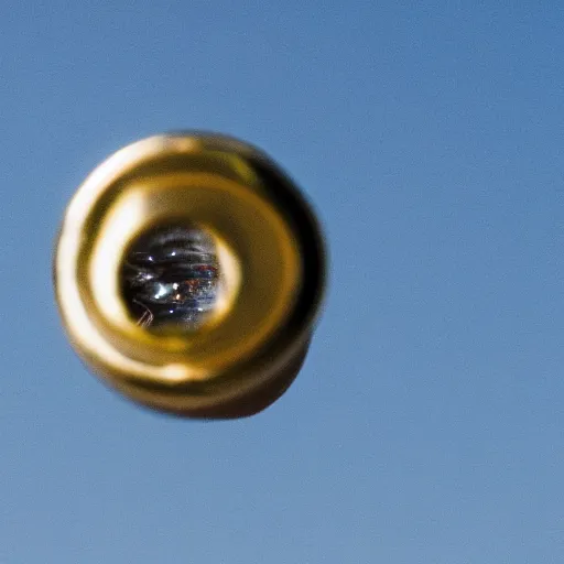 Prompt: side view of a bullet shot frozen in mid-air in the air. Blue sky blurry background