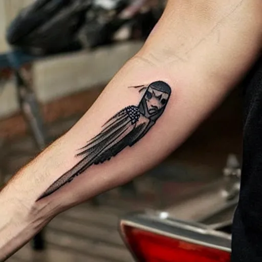 Image similar to a small black tattoo on the arm, symbol, whole tattoo, realistic, very detailed