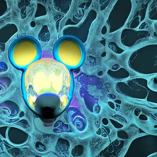 Prompt: counterfeit mickey mouse head, fractal, broken, LSD, wet, melting, fractured, mycelium, radiant alien, rococo, baroque, automotive, bio-mechanical, porcelain, iridescent, sub surface scattering, octane render