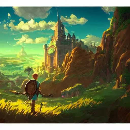 Image similar to a beautiful digital matte painting of a verdant fantasy countryside, breath of the wild, hyrule, inspired by cyril rolando, david wiesner, many golden layers, orange color tone, very far royal steampunk castle, cgsociety, tarot card, trending on artstation, azure sky